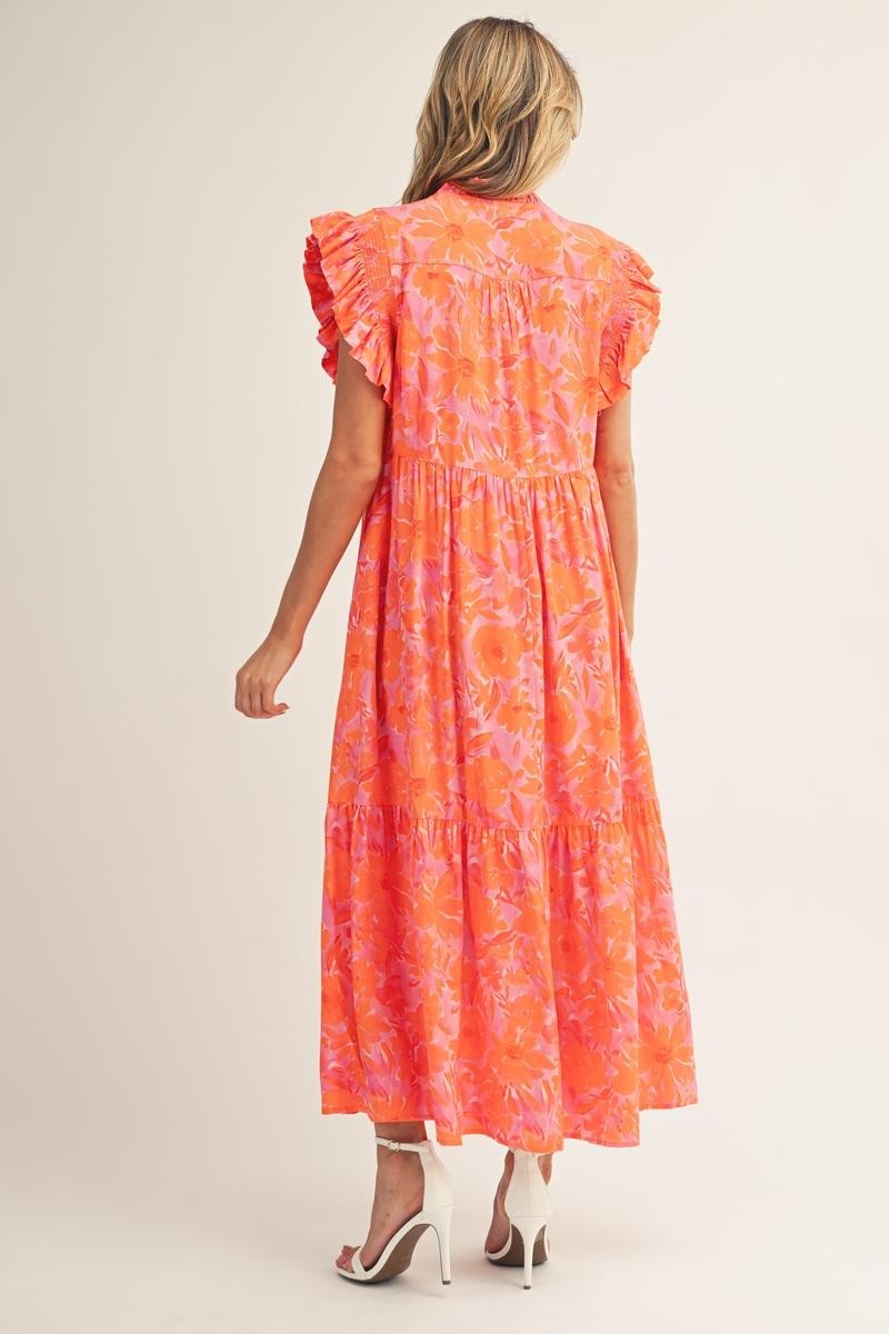 Jodifl Tropical Bloom Ruffle Sleeve Midi Dress in Orange
