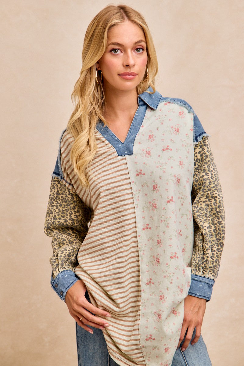 BiBi Mix N Match Long Tunic Top in Ivory/Latte Stripes