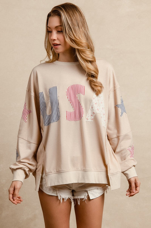 BiBi OVERSIZED French Terry Top with Mixed Print USA and Star Patches in Oatmeal