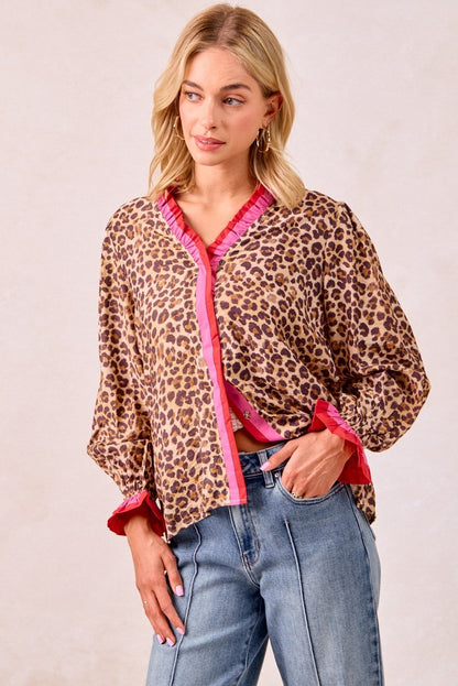 BiBi Long Sleeve Leopard Print Top with Contrasting Wavy Trim in Leopard