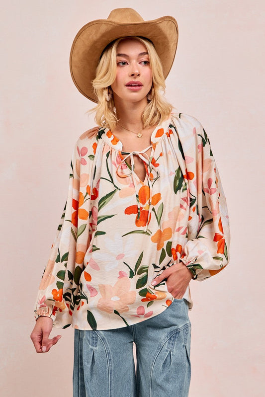 BiBi Floral Print Exaggerated Balloon Sleeve Top in Floral