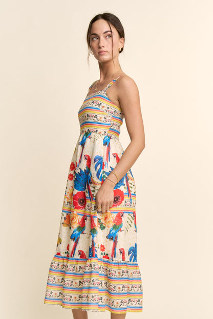 Davi & Dani Parrot Print Maxi Dress in Cream Beige Multi