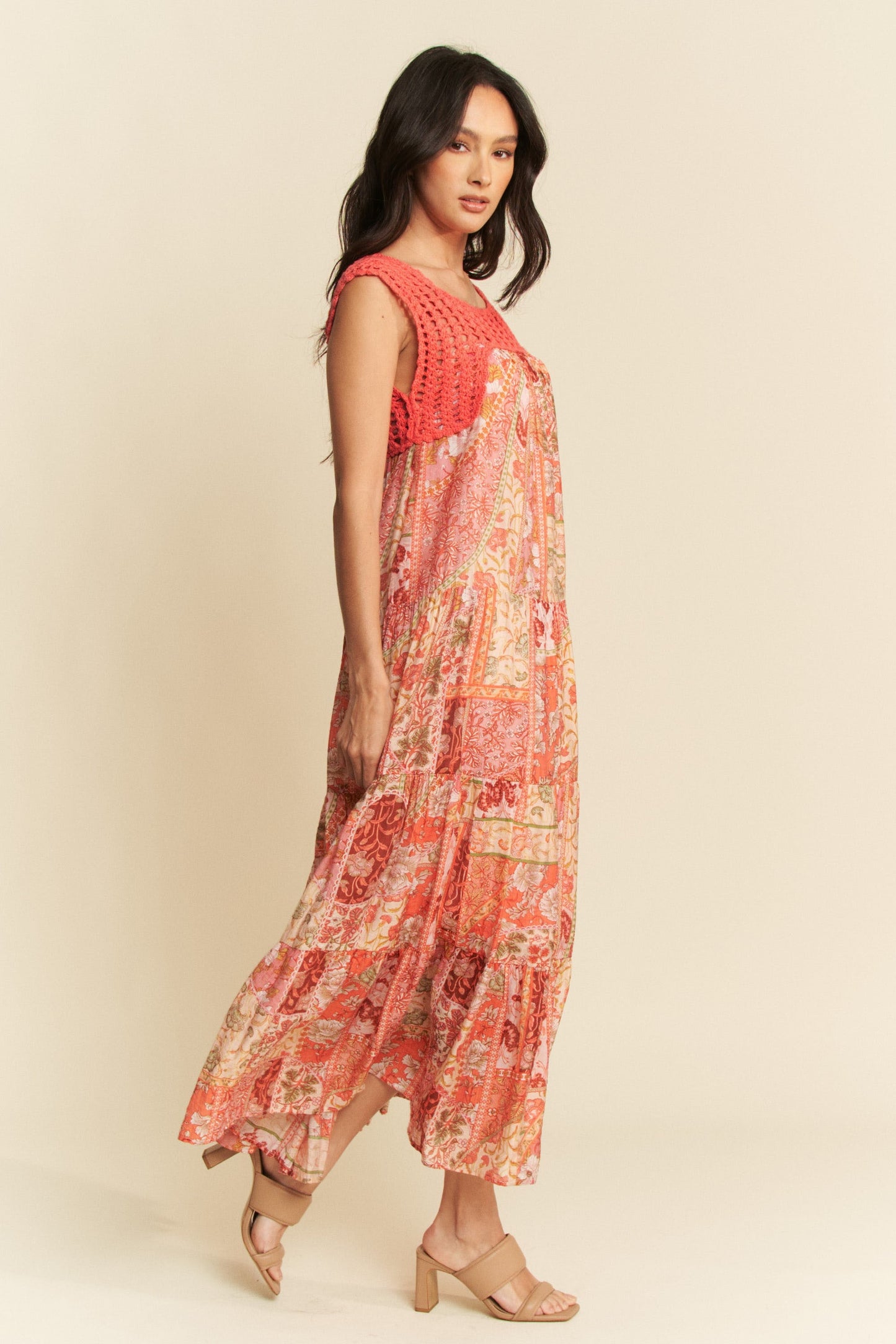 Davi & Dani Ethnic Print Maxi Dress with Open Crochet Straps in Coral Orange