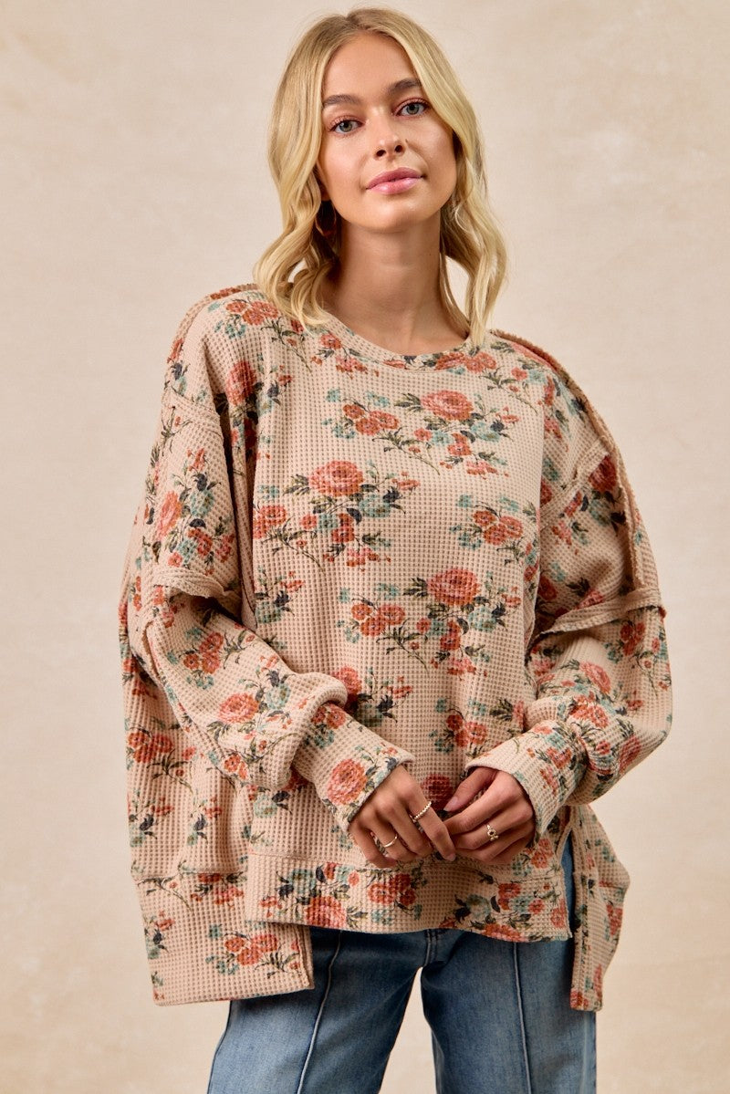 BiBi OVERSIZED Floral Print Waffle Knit Top in Taupe