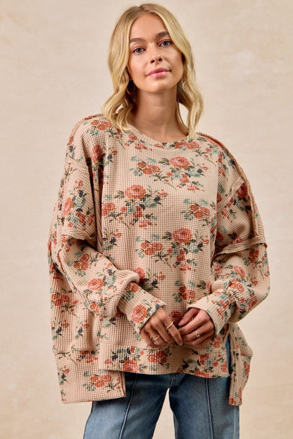 BiBi OVERSIZED Floral Print Waffle Knit Top in Taupe