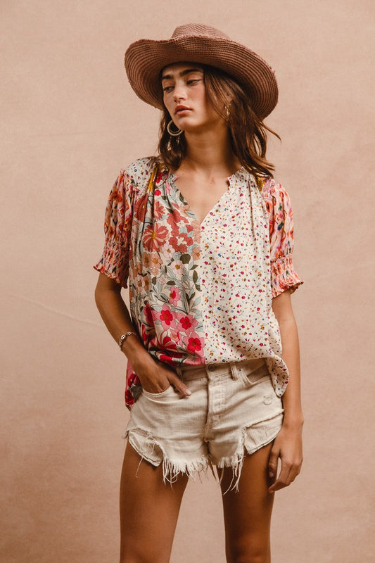 BiBi Mix N Match Woven Peasant Top in Rose Mix