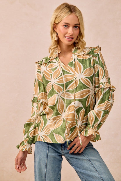 BiBi Bold Floral Print Top with Ruffle Details in Olive/Latte