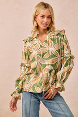 BiBi Bold Floral Print Top with Ruffle Details in Olive/Latte