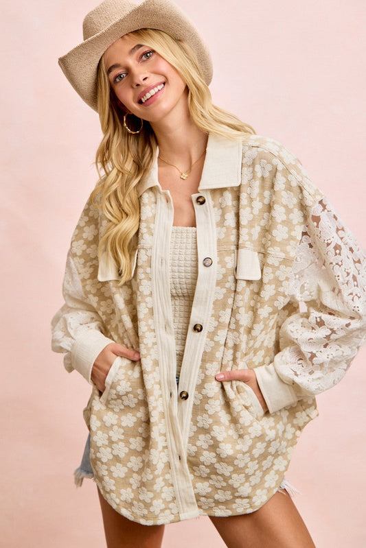 BiBi Floral Lace Sleeve Oversized Shacket in Oatmeal