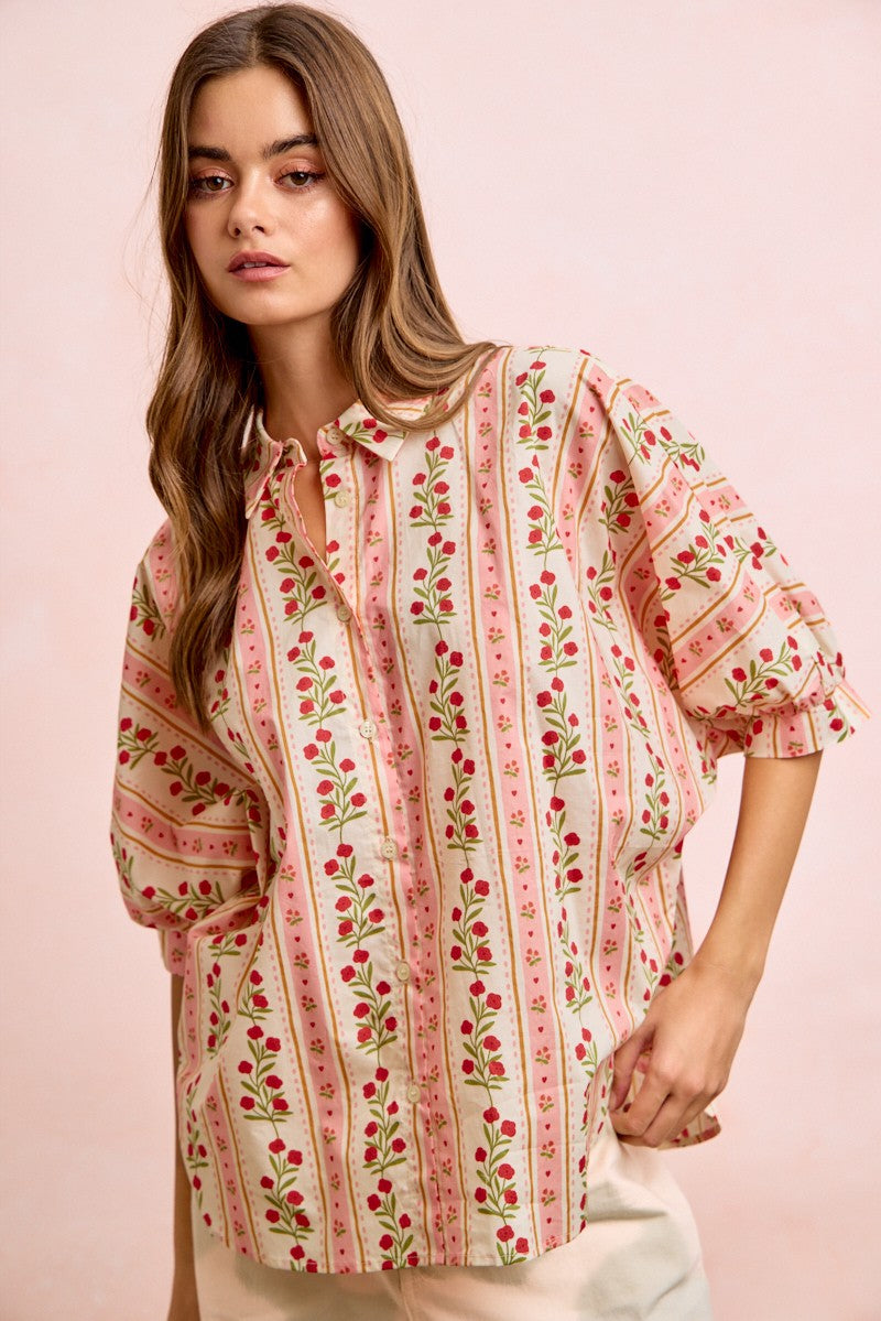 BiBi Bold Woven Striped Floral Print Button Down Top in Red