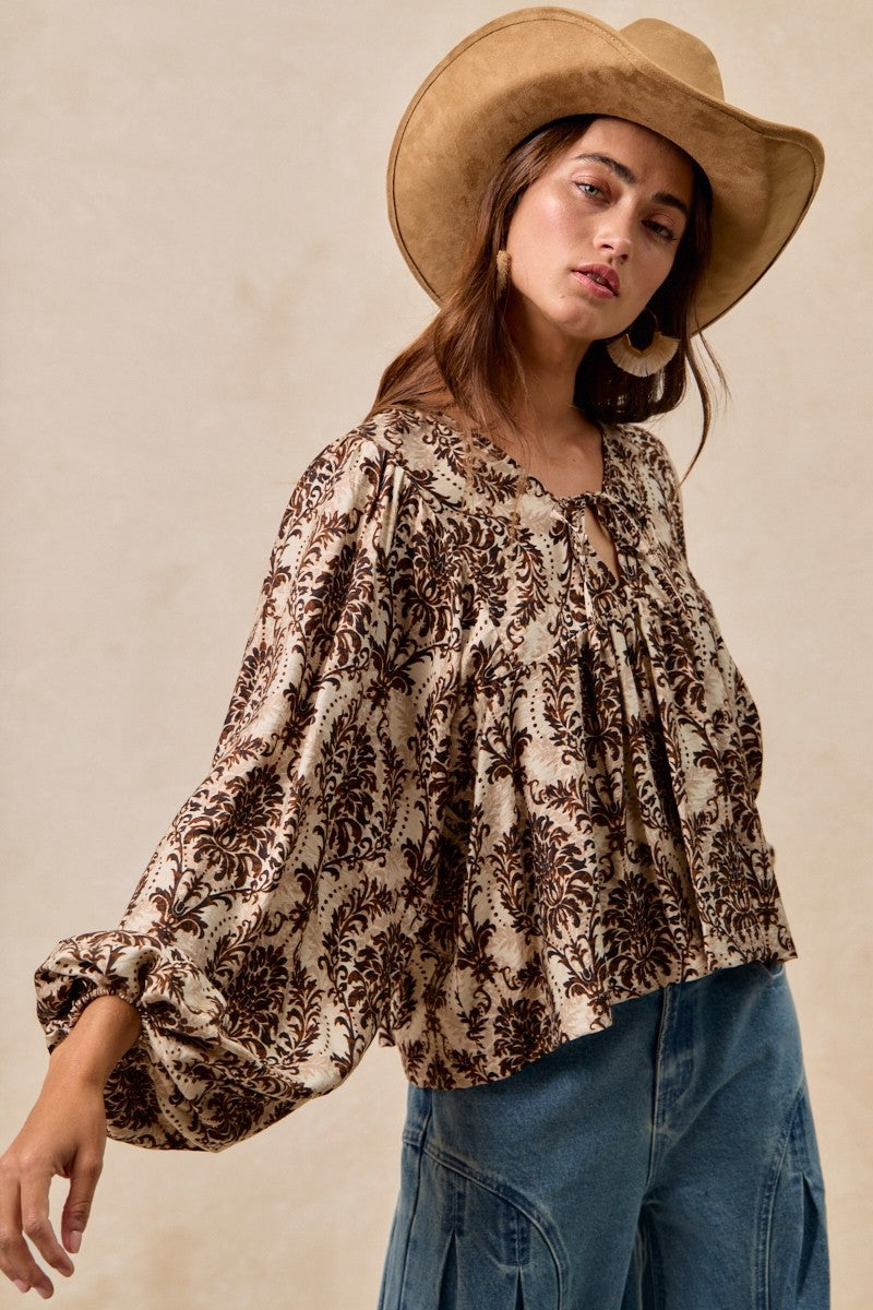 BiBi Two Tone Abstract Print Top in Tan/Brown ON ORDER