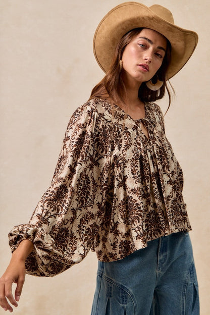 BiBi Two Tone Abstract Print Top in Tan/Brown ON ORDER
