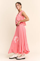 Davi & Dani Crinkled Knit Top Elastic Waist Maxi Skirt Set in Pink