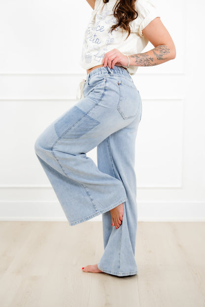 Judy Blue High Rise Light Wash Elastic Waistband Featherweight Palazzo Jeans with Shadow Pockets