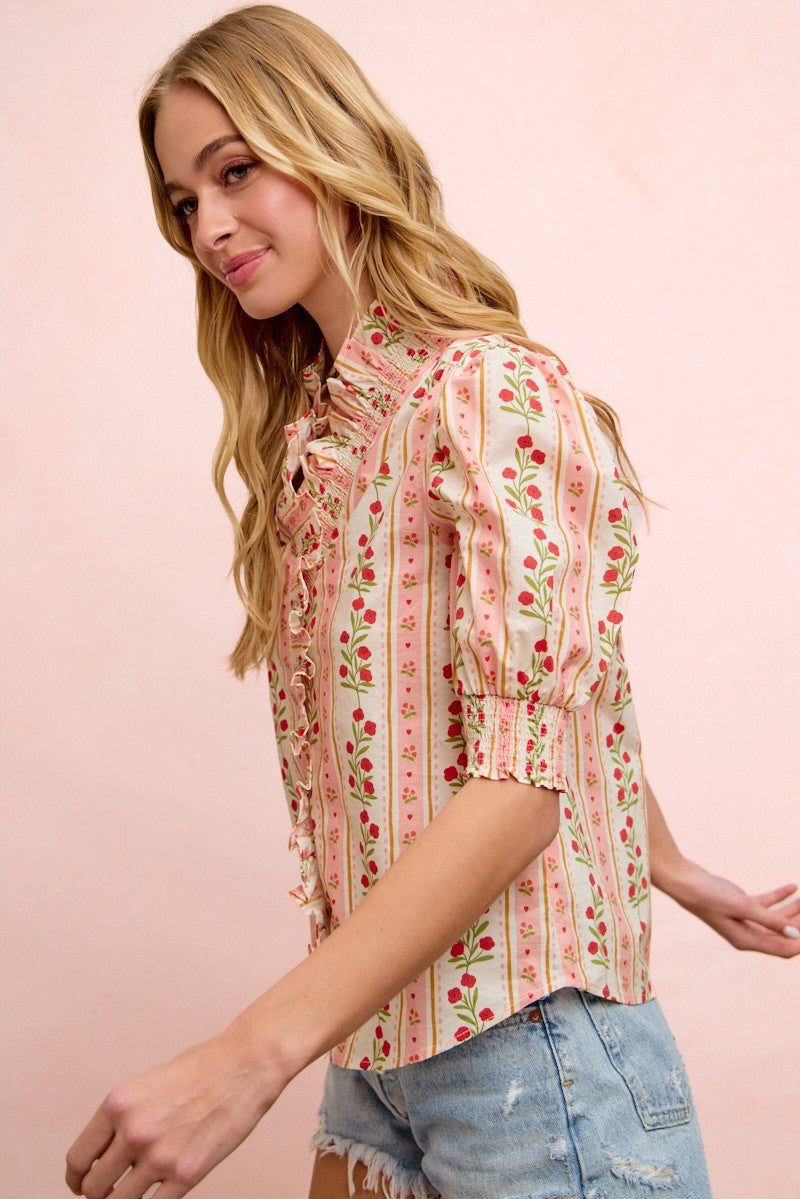 BiBi Floral Printed Ruffled Puff Sleeve Top in Red