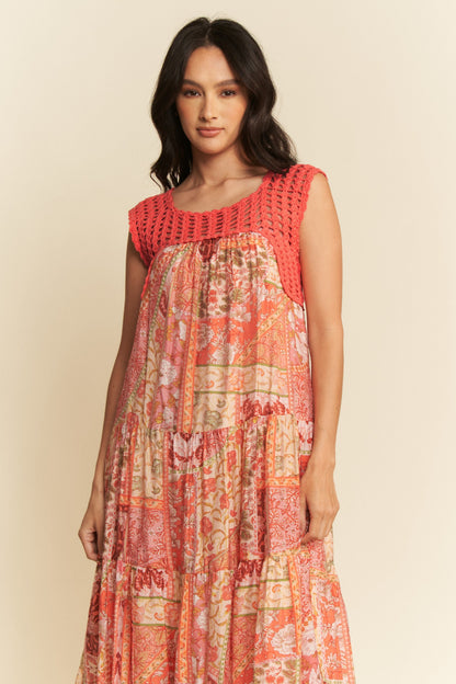 Davi & Dani Ethnic Print Maxi Dress with Open Crochet Straps in Coral Orange