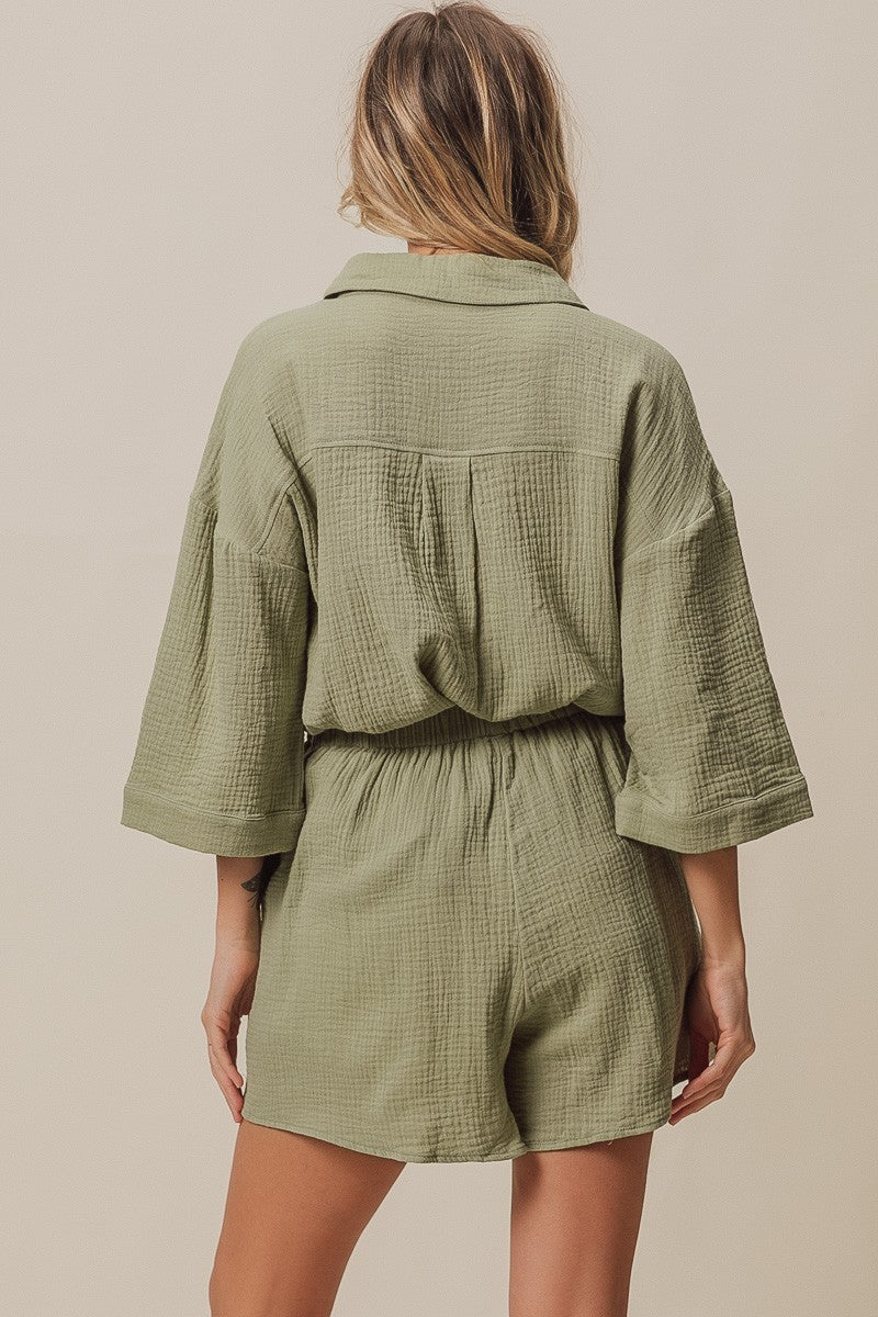 BiBi Crinkle Gauze Shirt And Short Set in Sage