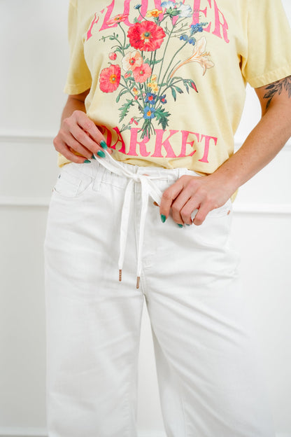 Judy Blue The Sunday Stroll High Rise Multiple Inseam White Featherweight Palazzo Jeans with Elastic Waistband