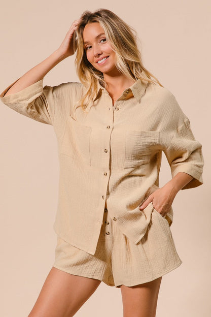 BiBi Crinkle Gauze Shirt And Short Set in Oatmeal