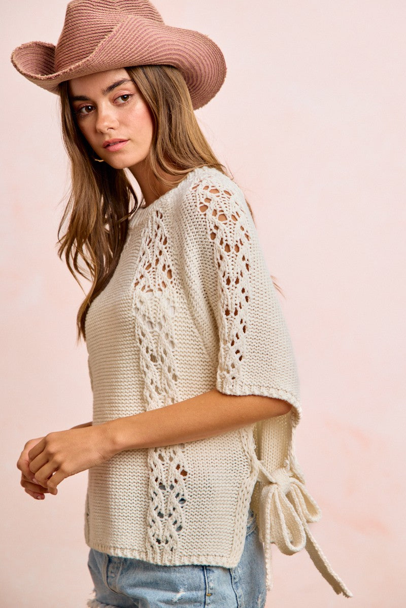 BiBi Textured Garter Knit Sweater Top with Side Ties in Ivory