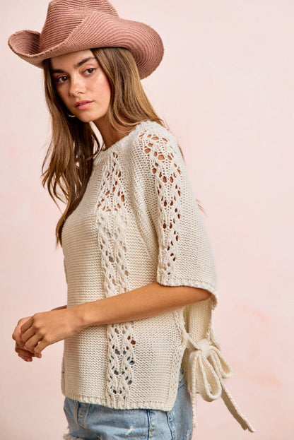 BiBi Textured Garter Knit Sweater Top with Side Ties in Ivory