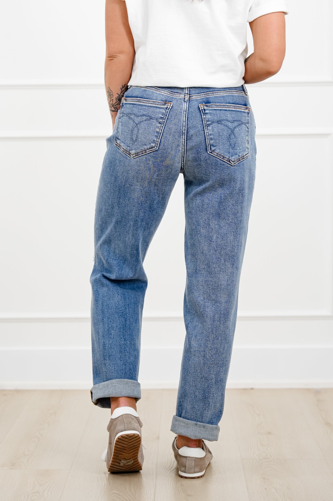 Judy Blue Mid Rise Medium Wash Distressed Boyfriend Jeans with Cuff