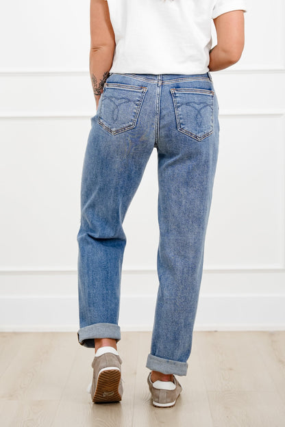 Judy Blue Mid Rise Medium Wash Distressed Boyfriend Jeans with Cuff