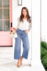 Judy Blue High Rise Medium Wash Classic Wide Leg Cropped Raw Hem Jeans