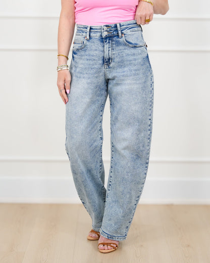 Judy Blue High Rise Light Wash Double Waist Band Marlow Arc Leg