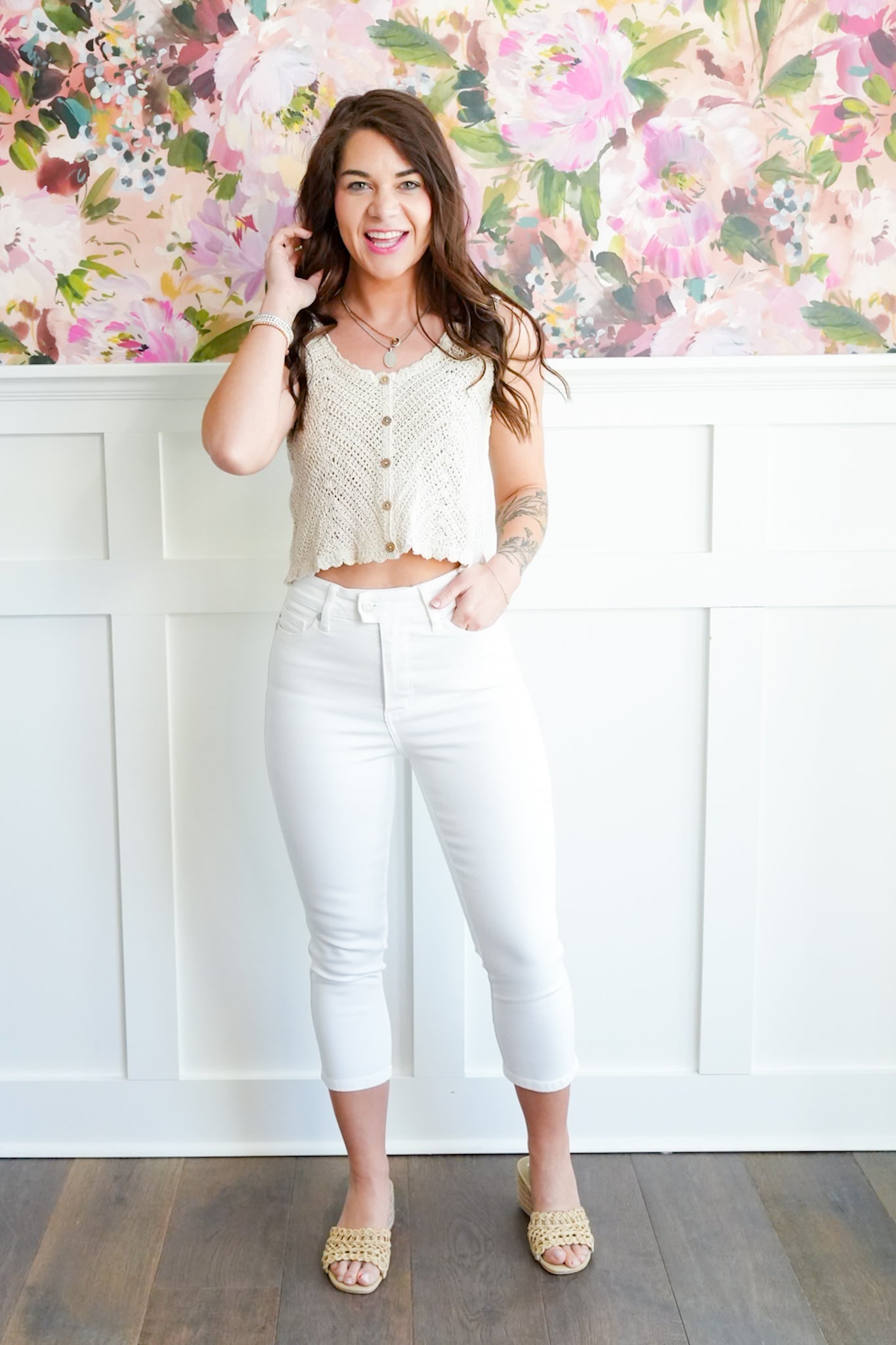 Judy Blue High Rise White Tummy Control Capri with Extended Waistband