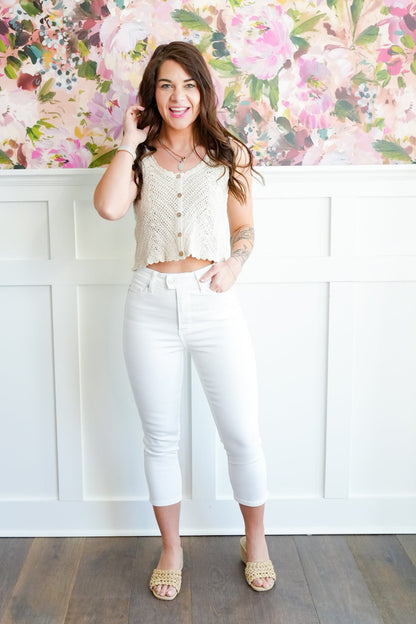 Judy Blue High Rise White Tummy Control Capri with Extended Waistband