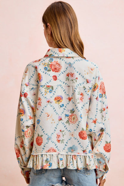 BiBi Floral Ruffle Hem Button-Up Blouse