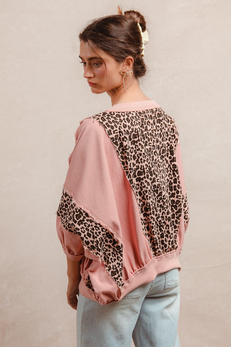 BiBi OVERSIZED Washed Leopard and Light Denim Top in Mauve