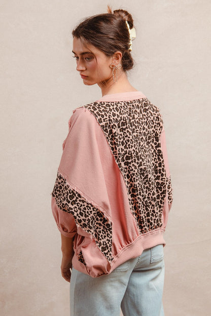 BiBi OVERSIZED Washed Leopard and Light Denim Top in Mauve
