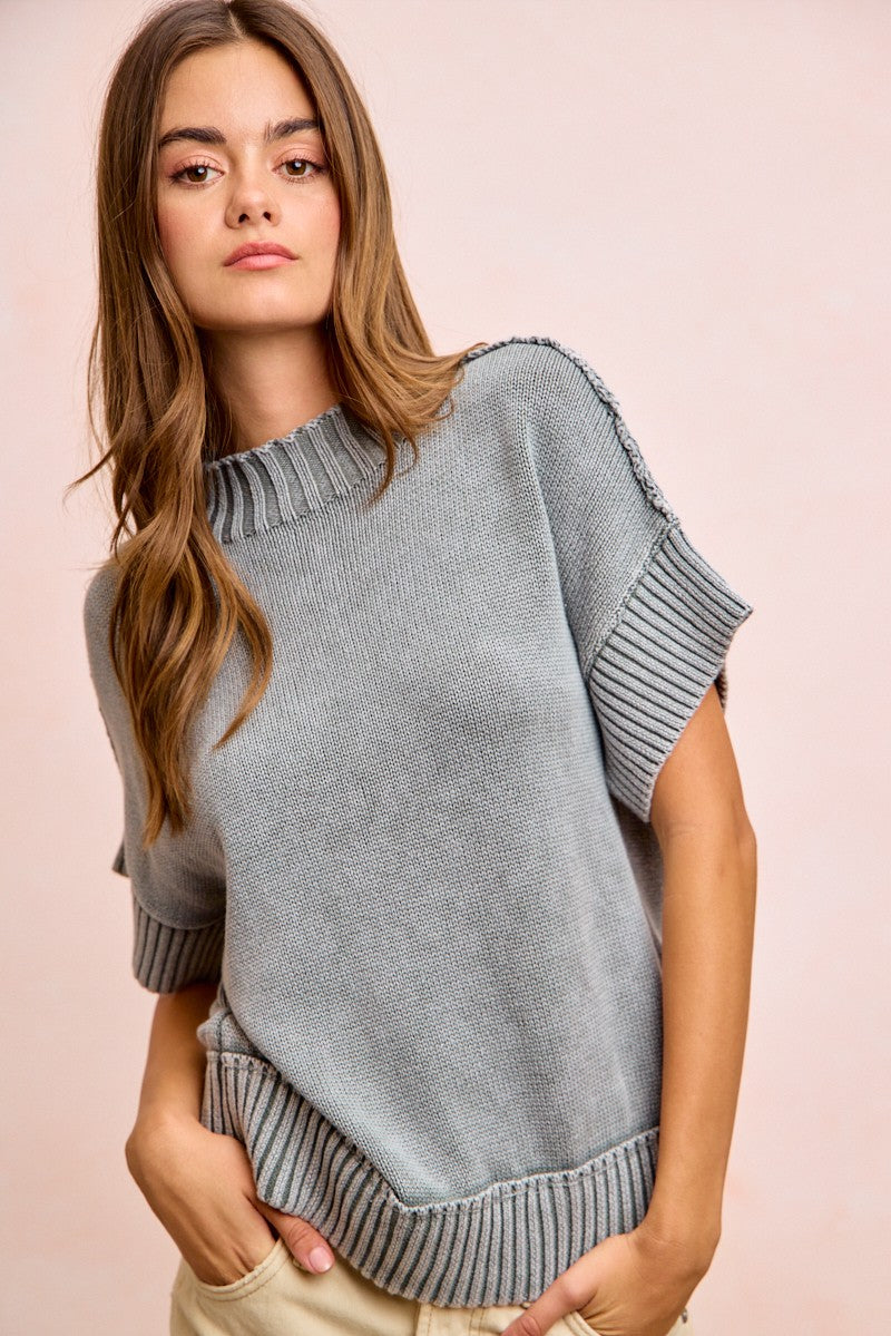 BiBi Washed Rib Banded Drop Shoulder Sweater Top in Smoke Grey