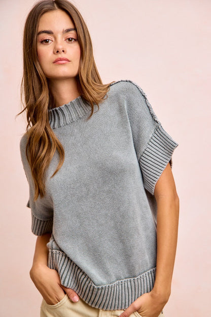 BiBi Washed Rib Banded Drop Shoulder Sweater Top in Smoke Grey