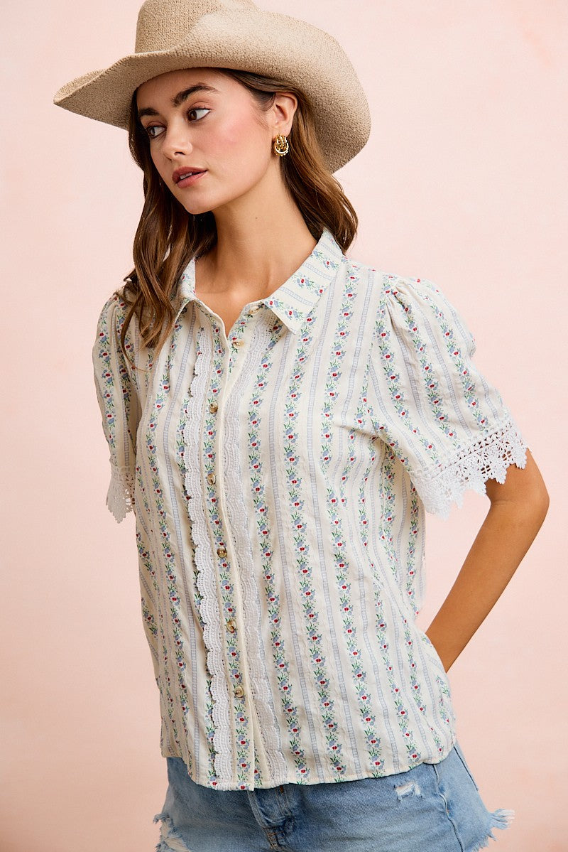 BiBi Floral Print Crinkle Top with Lace Details in Ivory Multi