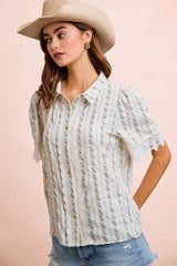 BiBi Floral Print Crinkle Top with Lace Details in Ivory Multi