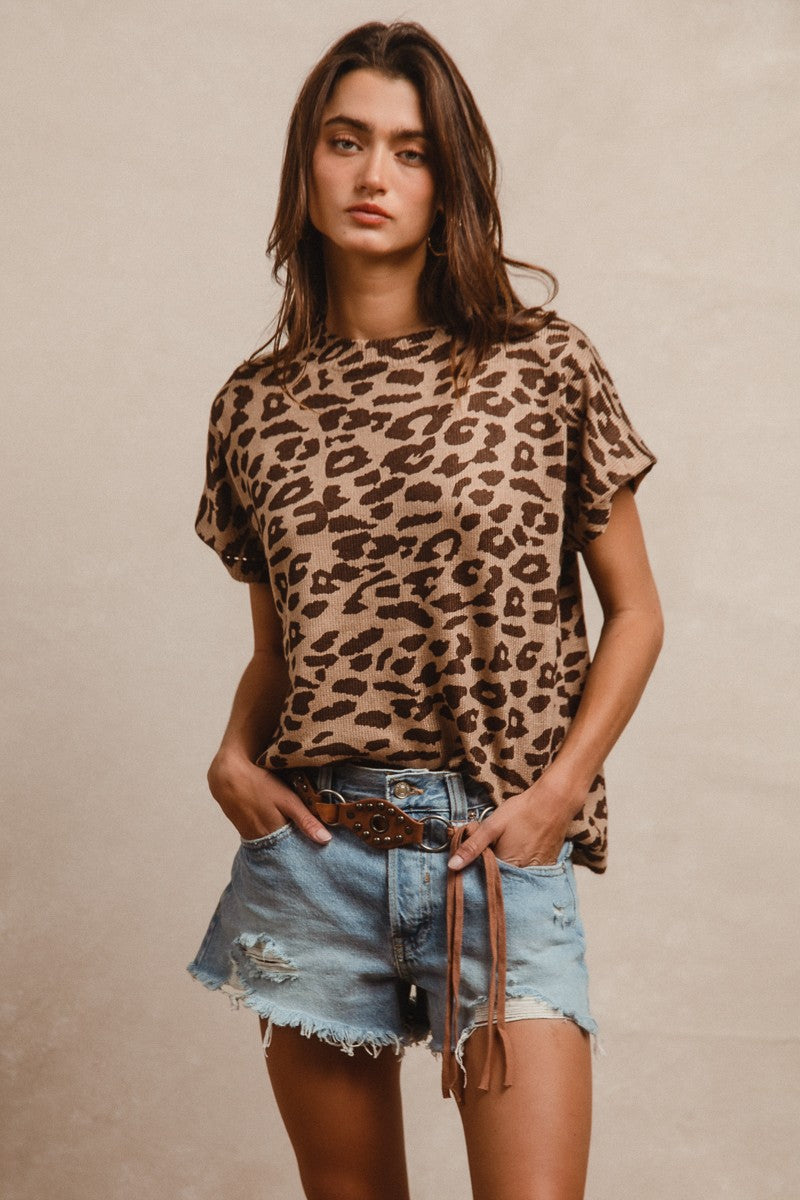 BiBi Leopard Print Baize Knit Top in Beige/Brown