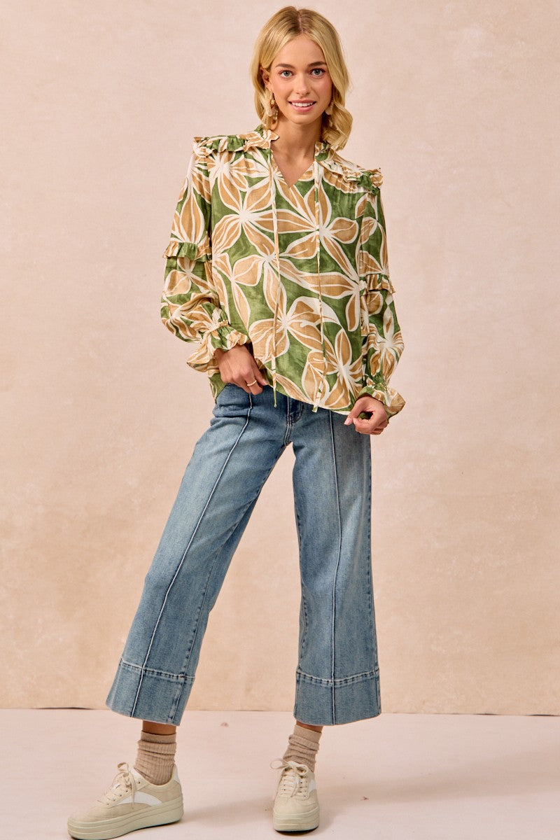 BiBi Bold Floral Print Top with Ruffle Details in Olive/Latte