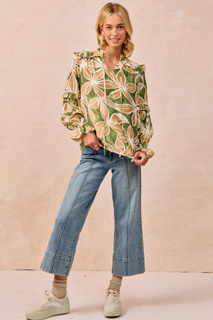 BiBi Bold Floral Print Top with Ruffle Details in Olive/Latte