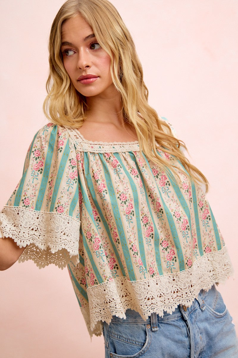 BiBi Mix n Match Floral and Lace Detailed Top in Teal ON ORDER