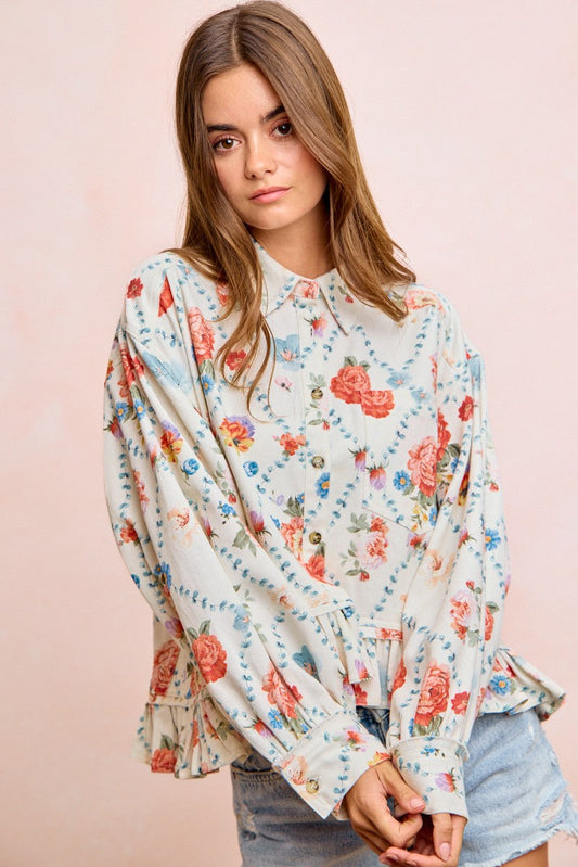 BiBi Floral Ruffle Hem Button-Up Blouse