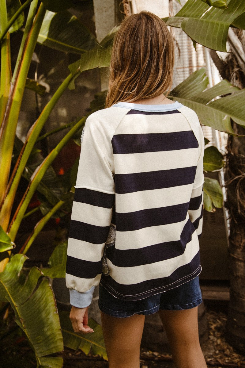 BiBi Terry Knit Solid n Striped Top with Flower Patches in Blue Mix ON ORDER
