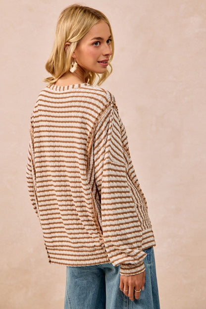 BiBi OVERSIZED Contrasting Color Textured Knit Stripe Top in Camel