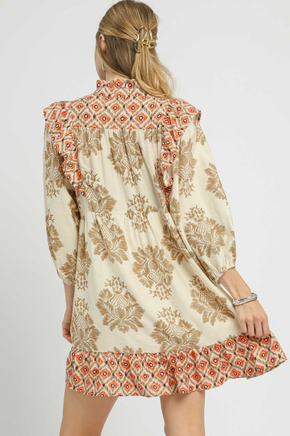 Umgee Damask Print Mini Dress with Ikat Border Print in Latte Mix