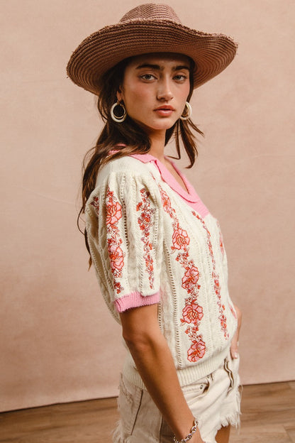 BiBi Lightweight Knit Top with Floral Embroidery in Ivory/Pink