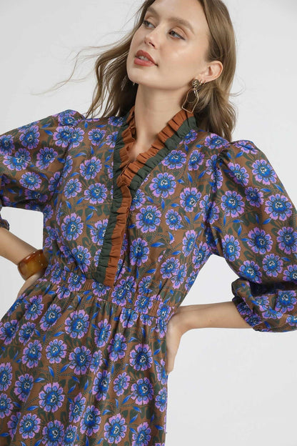 Umgee Vibrant Floral Print Maxi Dress in Brown Mix