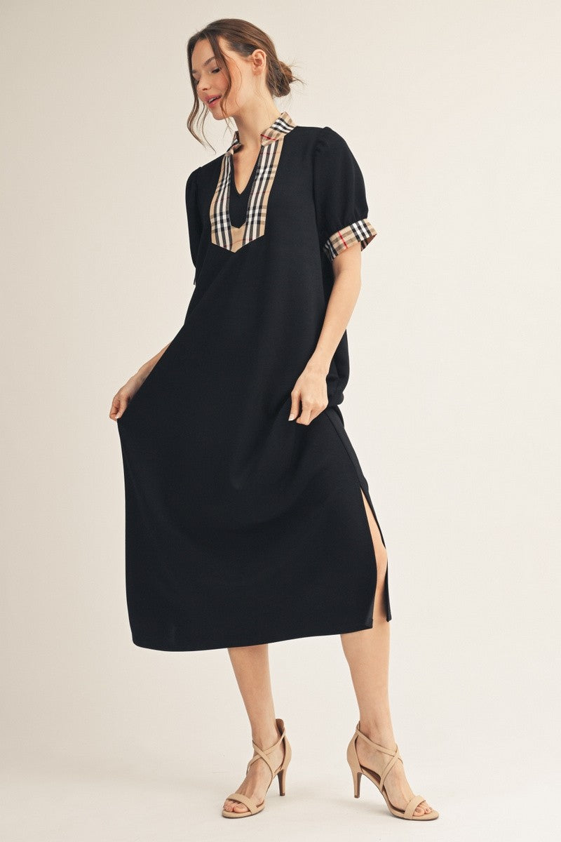 Jodifl Solid Color Midi Dress with Contrasting Classic Check in Black ON ORDER