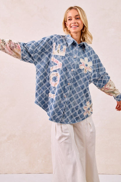 BiBi Distressed Diamon Pattern Shacket with Twill Floral Patches in Denim/Cream Multi